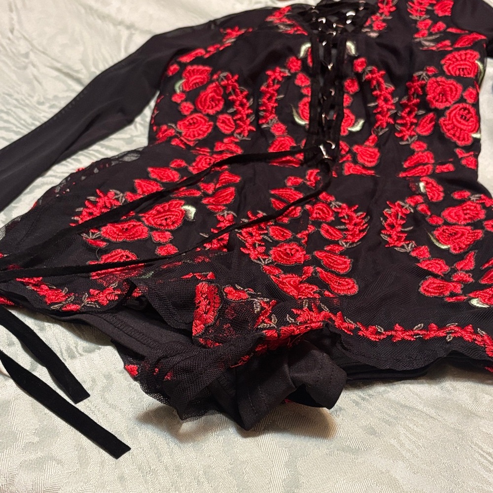 Black and Red Embroidered Lace-Up Romper